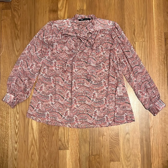 Zara Tops - Zara Women's Blouse Pink Multicolor Paisley V-Neck Tie Long‎ Sleeve Shirt Top S